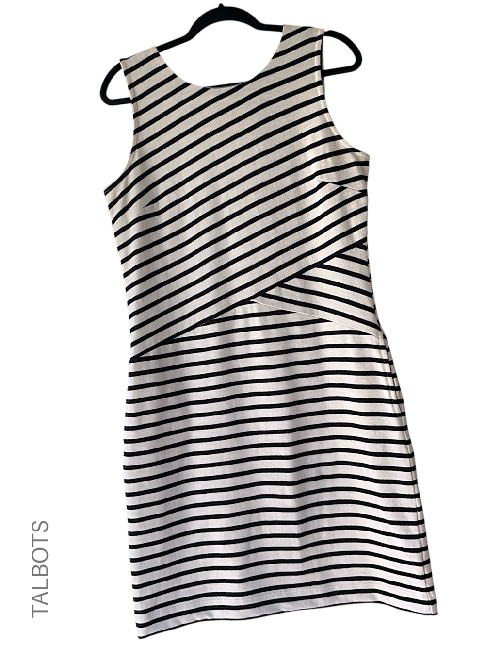 TALBOTS NWOT BLACK STRIPE COTTON KNIT DRESS POCKETS DIAGONAL WAIST DETAIL SMALL